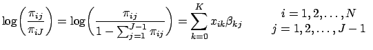 $\displaystyle \log \biggl(\frac{\pi_{ij}}{\pi_{iJ}}\biggr) = \log \biggl(\frac{...
...qquad \begin{array}{c} i = 1, 2, \ldots, N \\ j = 1, 2, \ldots, J-1 \end{array}$