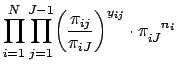 $\displaystyle \prod_{i=1}^N \prod_{j=1}^{J-1} \biggl( \frac{\pi_{ij}}{\pi_{iJ}} \biggr)^{y_{ij}} \cdot \pi_{iJ}^{\phantom{iJ}n_i}$