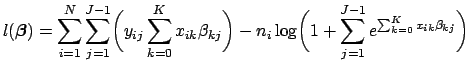 $\displaystyle l(\boldsymbol{\beta}) = \sum_{i=1}^N \sum_{j=1}^{J-1} \biggl( y_{...
... - n_i \log \biggl(1 + \sum_{j=1}^{J-1}e^{\sum_{k=0}^K x_{ik}\beta_{kj}}\biggr)$