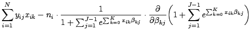 $\displaystyle \sum_{i=1}^N y_{ij} x_{ik} - n_i \cdot \frac{1}{1 + \sum_{j=1}^{J...
...beta_{kj}} \biggl(1 + \sum_{j=1}^{J-1}e^{\sum_{k=0}^K x_{ik}\beta_{kj}} \biggr)$