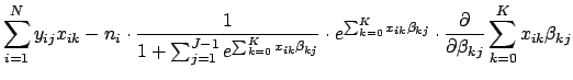 $\displaystyle \sum_{i=1}^N y_{ij} x_{ik} - n_i \cdot \frac{1}{1 + \sum_{j=1}^{J...
...kj}} \cdot \frac{\partial}{\partial \beta_{kj}} \sum_{k=0}^{K} x_{ik}\beta_{kj}$