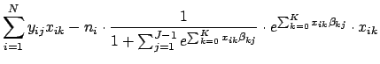 $\displaystyle \sum_{i=1}^N y_{ij} x_{ik} - n_i \cdot \frac{1}{1 + \sum_{j=1}^{J...
...=0}^K x_{ik}\beta_{kj}}} \cdot e^{\sum_{k=0}^{K} x_{ik}\beta_{kj}} \cdot x_{ik}$