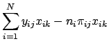 $\displaystyle \sum_{i=1}^N y_{ij} x_{ik} - n_i \pi_{ij} x_{ik}$