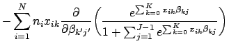 $\displaystyle - \sum_{i=1}^N n_i x_{ik} \frac{\partial}{\partial\beta_{k^\prime...
...{ik}\beta_{kj}}}{1 + \sum_{j=1}^{J-1}e^{\sum_{k=0}^K x_{ik}\beta_{kj}}} \biggr)$