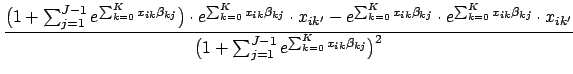 $\displaystyle \frac{\big(1 + \sum_{j=1}^{J-1}e^{\sum_{k=0}^K x_{ik}\beta_{kj}}\...
...{ik^\prime}}{\big(1 + \sum_{j=1}^{J-1}e^{\sum_{k=0}^K x_{ik}\beta_{kj}}\big)^2}$