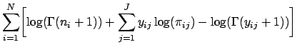 $\displaystyle \sum_{i=1}^N \biggl[ \log(\Gamma(n_i+1)) + \sum_{j=1}^J y_{ij} \log(\pi_{ij}) - \log(\Gamma(y_{ij}+1)) \biggr]$